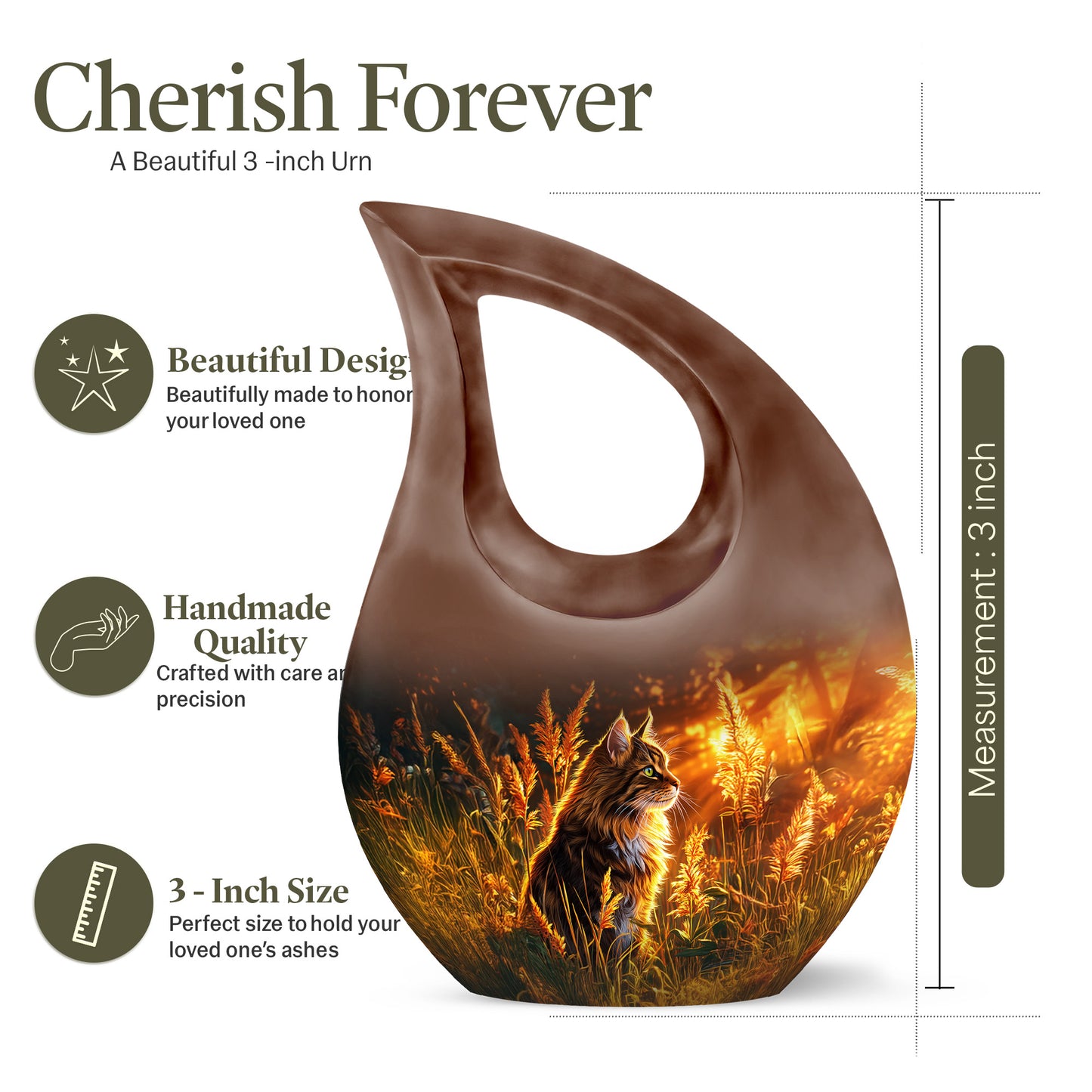 Obsidian Black Cat Cremation Urn back view with polished surface - devotional cross-drop cat engraving - mini keepsake memorial for portion of cremation ashes