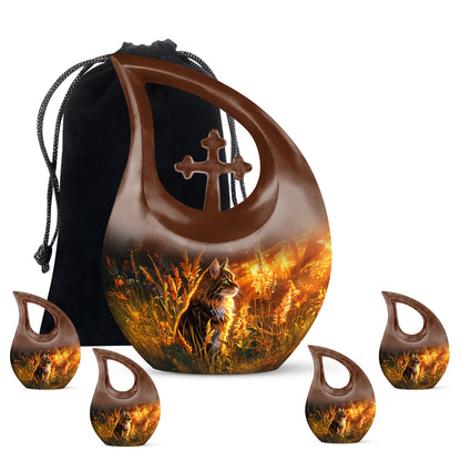 Glossy Black Cat Cremation Urn urn with complimentary velvet bag - sacred cross merged with cat motif on metal - memorial set with one large and four small urns