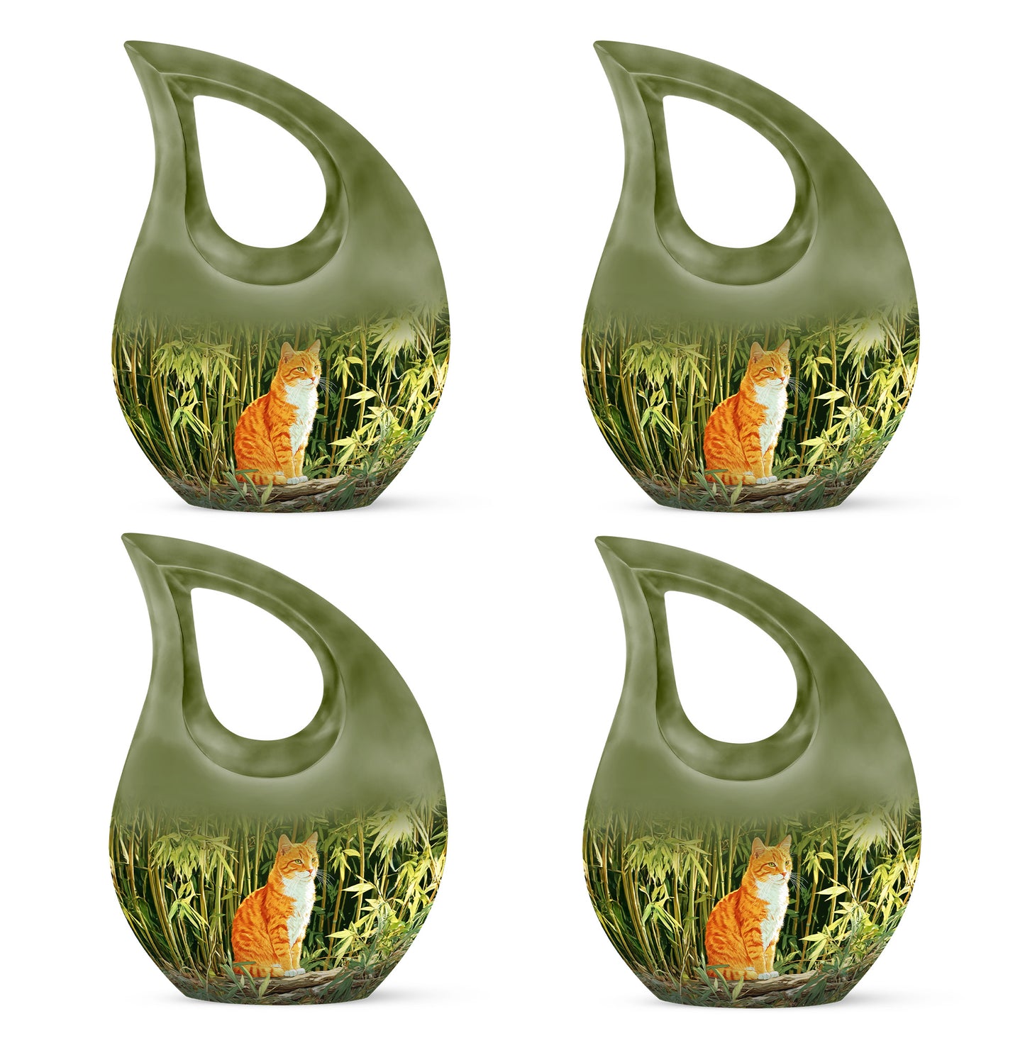 Hunter Green Cat Cremation Urn lifestyle display on memorial shelf - faith-inspired cross-drop urn with cat pattern - 10 inch aluminum urn for cremated remains