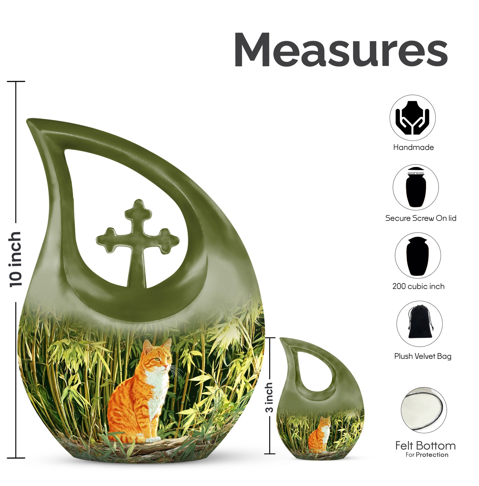 Moss Green Cat Cremation Urn back view with polished surface - sacred cross merged with cat motif on metal - mini keepsake memorial for portion of cremation ashes