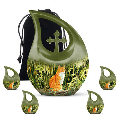 Jade Green Cat Cremation Urn urn with complimentary velvet bag - sacred cross merged with cat motif on metal - memorial set with one large and four small urns