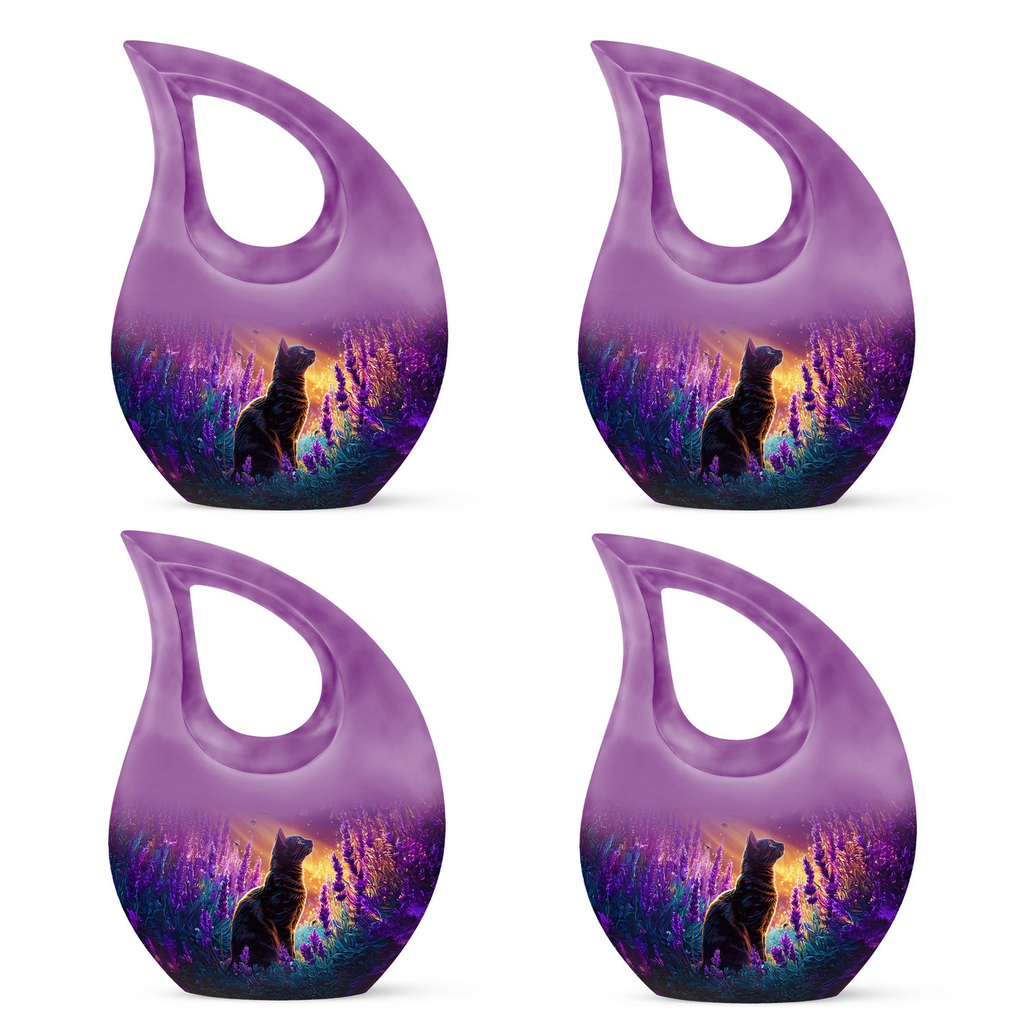 Lavender Purple Cat Cremation Urn lifestyle display on memorial shelf - devotional cross-drop cat engraving - 10 inch aluminum urn for cremated remains