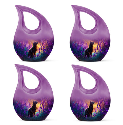 Lavender Purple Cat Cremation Urn lifestyle display on memorial shelf - devotional cross-drop cat engraving - 10 inch aluminum urn for cremated remains