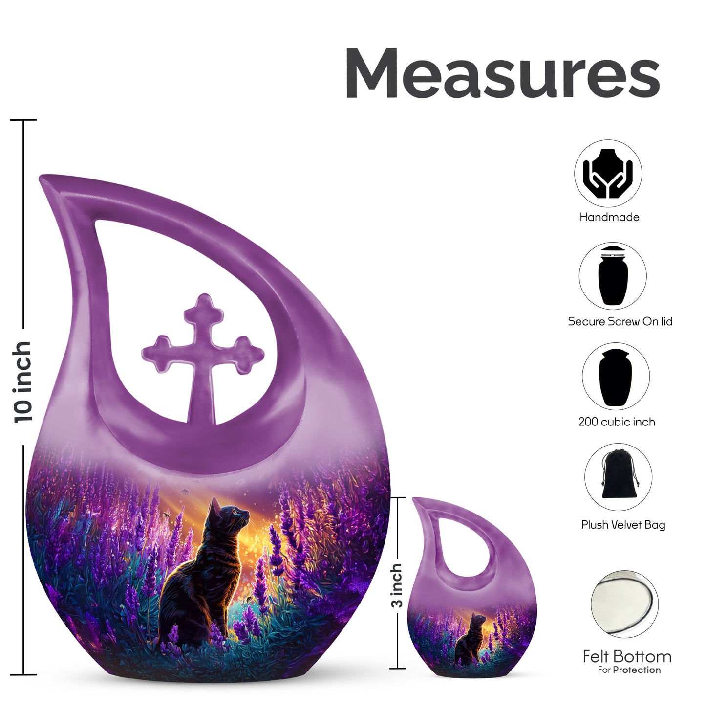 Orchid Purple Cat Cremation Urn back view with polished surface - cross and cat combined in spiritual memorial design - mini keepsake memorial for portion of cremation ashes