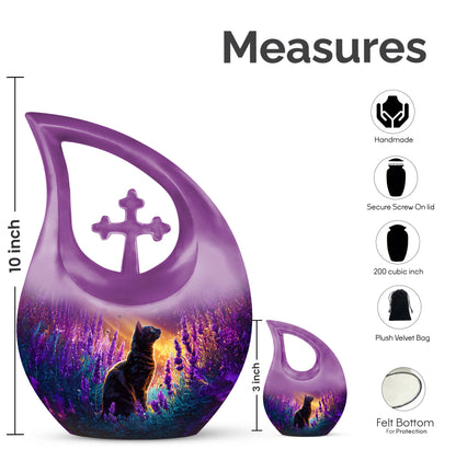 Orchid Purple Cat Cremation Urn back view with polished surface - cross and cat combined in spiritual memorial design - mini keepsake memorial for portion of cremation ashes