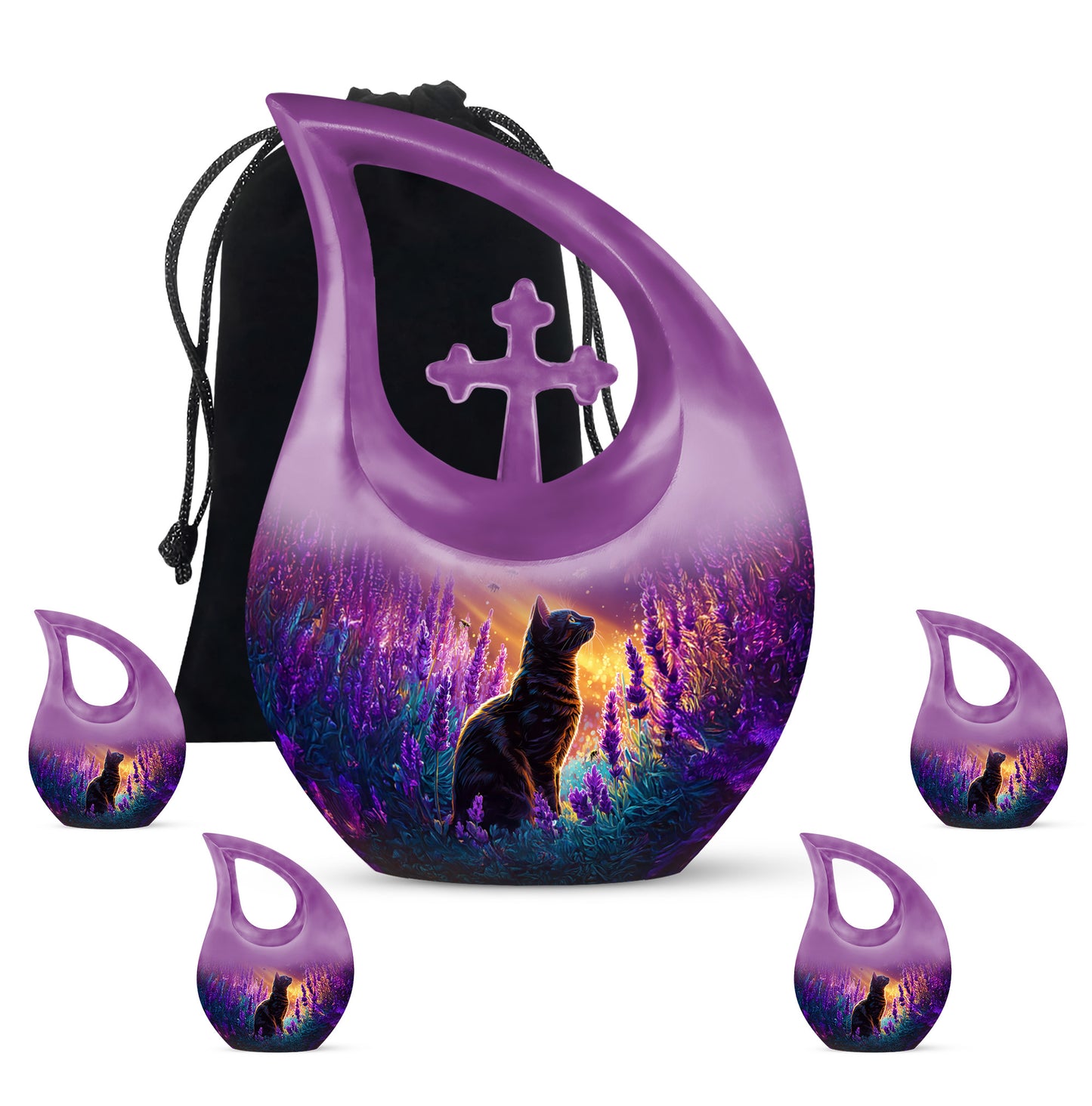 Royal Purple Cat Cremation Urn urn with complimentary velvet bag - faith-inspired cross-drop urn with cat pattern - memorial set with one large and four small urns