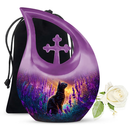 Twilight Purple Cat Cremation Urn top-down view of secure threaded lid - devotional cross-drop cat engraving - full-size 10 inch 200 cubic inch adult cremation urn