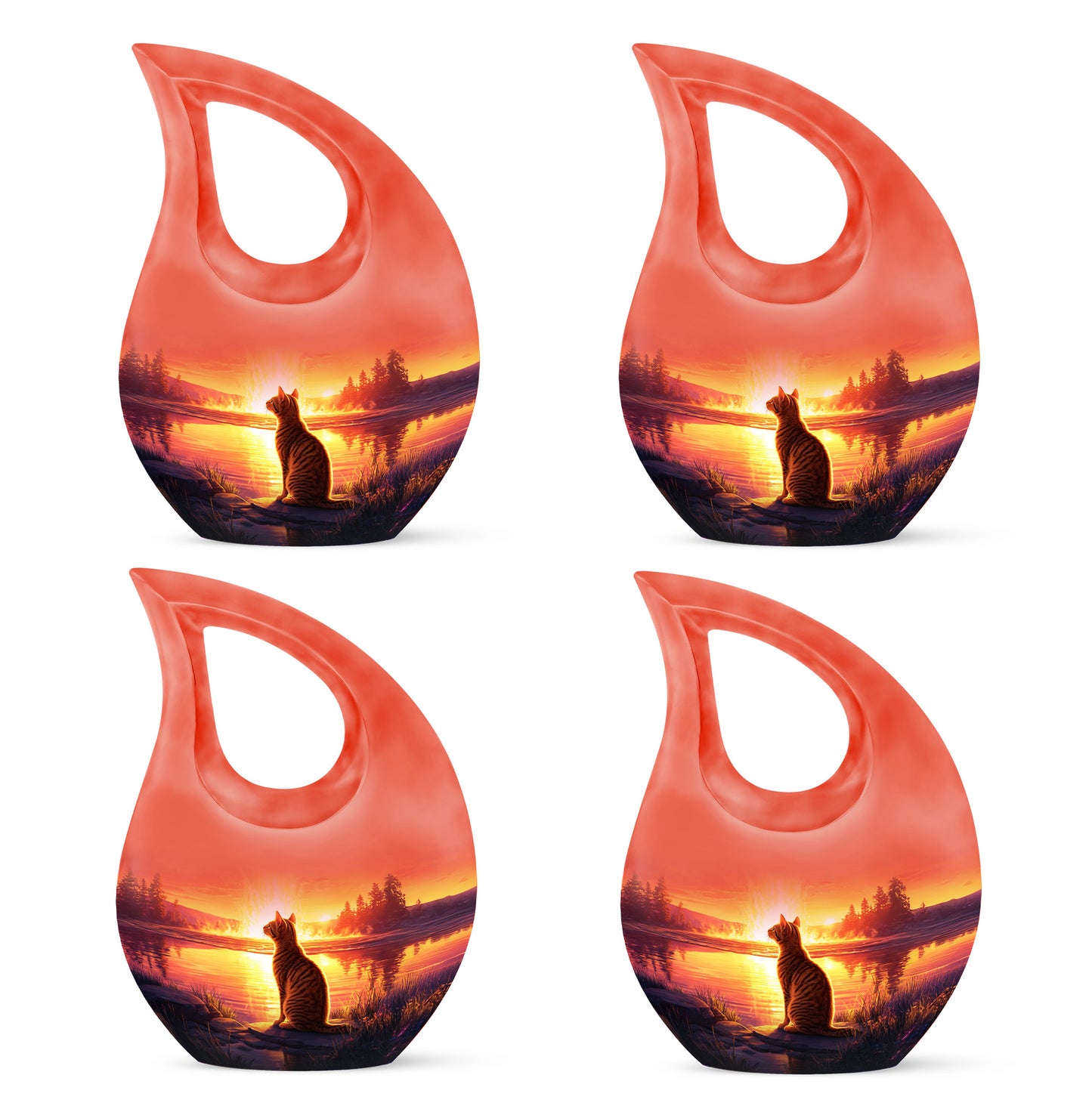 Crimson Red Cat Cremation Urn lifestyle display on memorial shelf - sacred cross merged with cat motif on metal - 10 inch aluminum urn for cremated remains