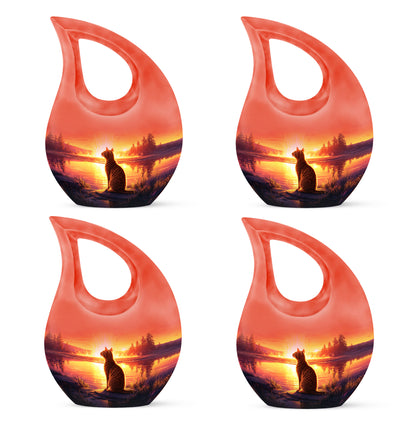 Crimson Red Cat Cremation Urn lifestyle display on memorial shelf - sacred cross merged with cat motif on metal - 10 inch aluminum urn for cremated remains