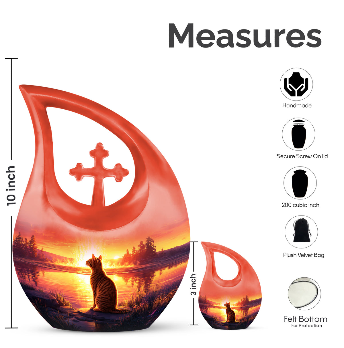 Crimson Red Cat Cremation Urn back view with polished surface - cross and cat combined in spiritual memorial design - mini keepsake memorial for portion of cremation ashes