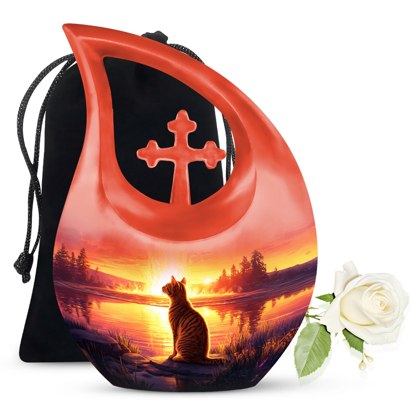 Fiery Red Cat Cremation Urn top-down view of secure threaded lid - devotional cross-drop cat engraving - full-size 10 inch 200 cubic inch adult cremation urn