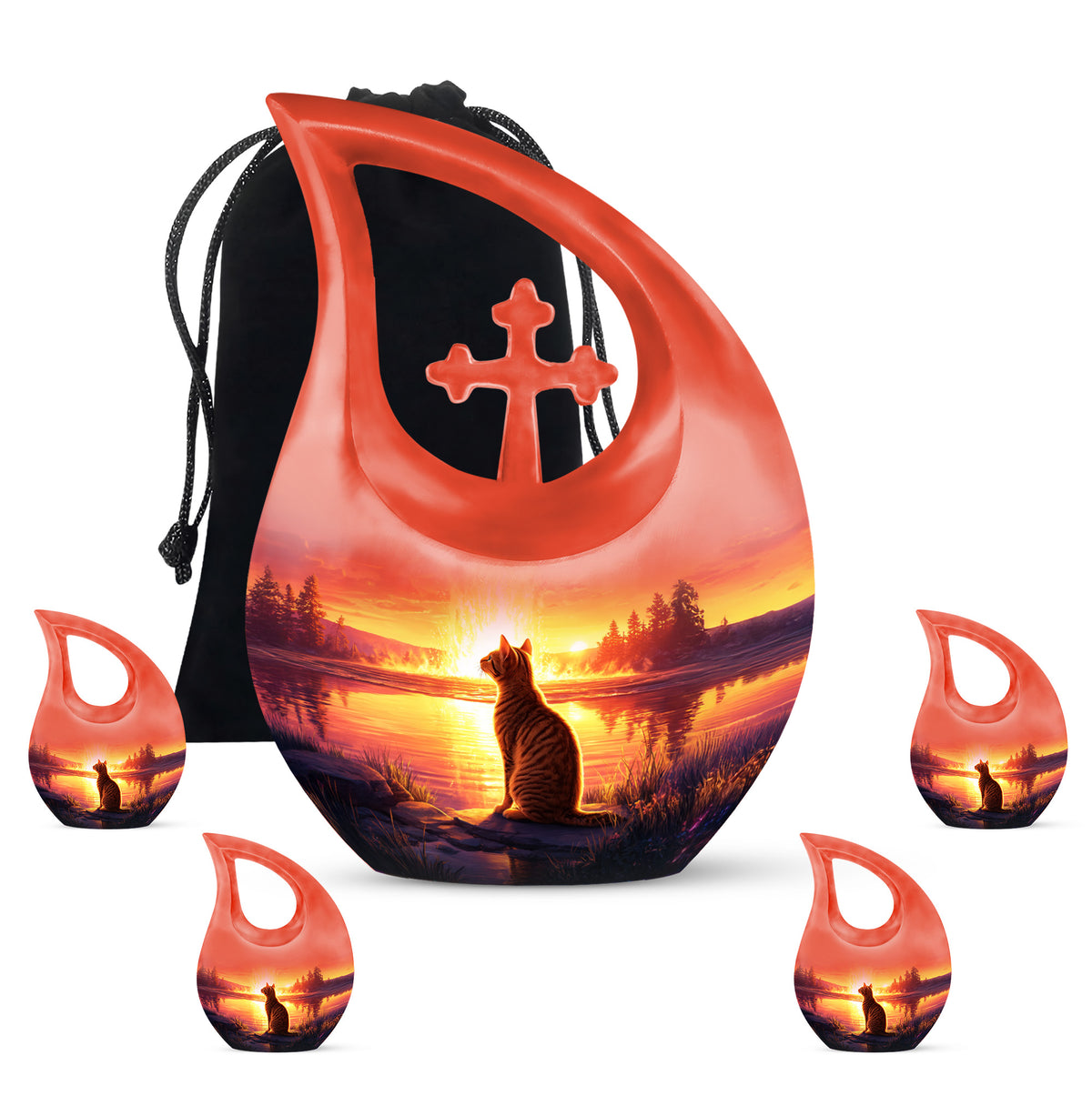 Crimson Red Cat Cremation Urn urn with complimentary velvet bag - sacred cross merged with cat motif on metal - memorial set with one large and four small urns