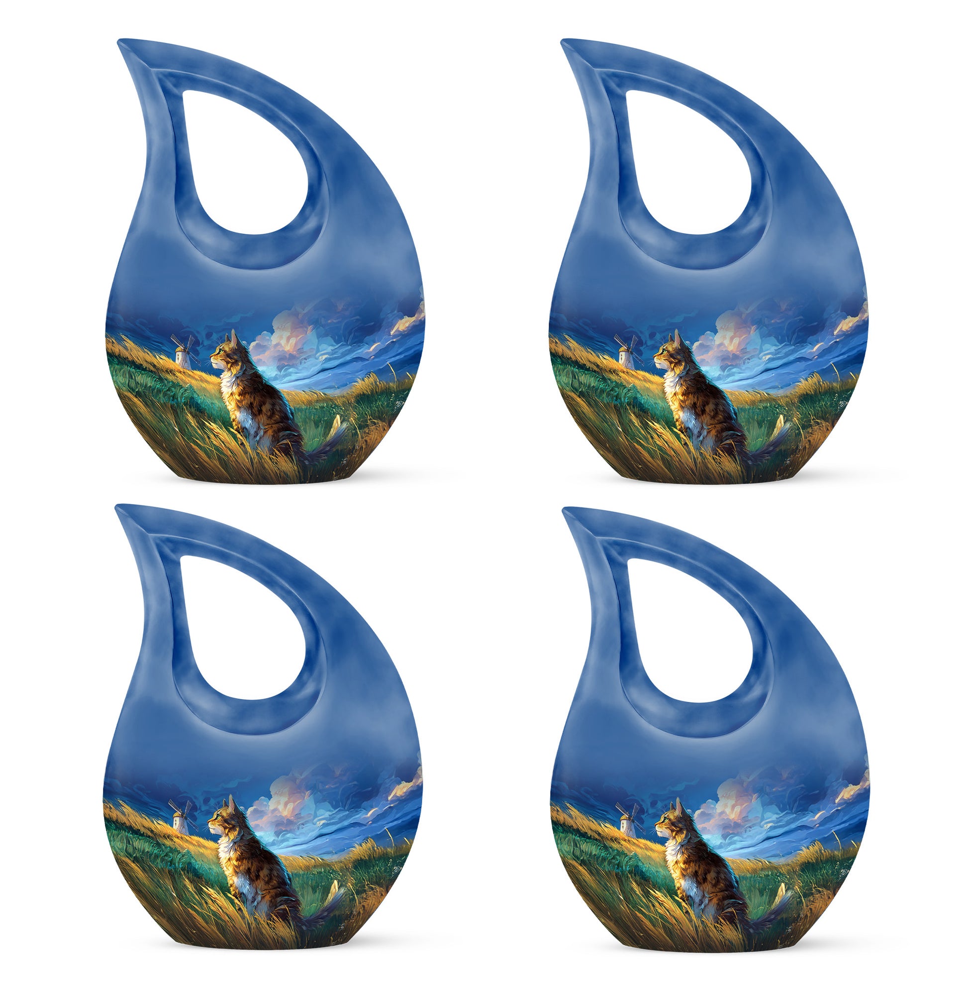 Twilight Blue Cat Cremation Urn lifestyle display on memorial shelf - devotional cross-drop cat engraving - 10 inch aluminum urn for cremated remains