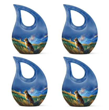 Twilight Blue Cat Cremation Urn lifestyle display on memorial shelf - devotional cross-drop cat engraving - 10 inch aluminum urn for cremated remains