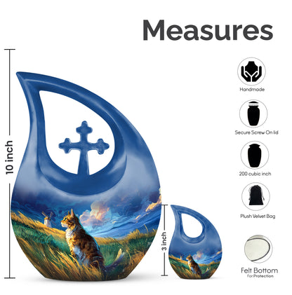 Serene Blue Cat Cremation Urn back view with polished surface - devotional cross-drop cat engraving - mini keepsake memorial for portion of cremation ashes