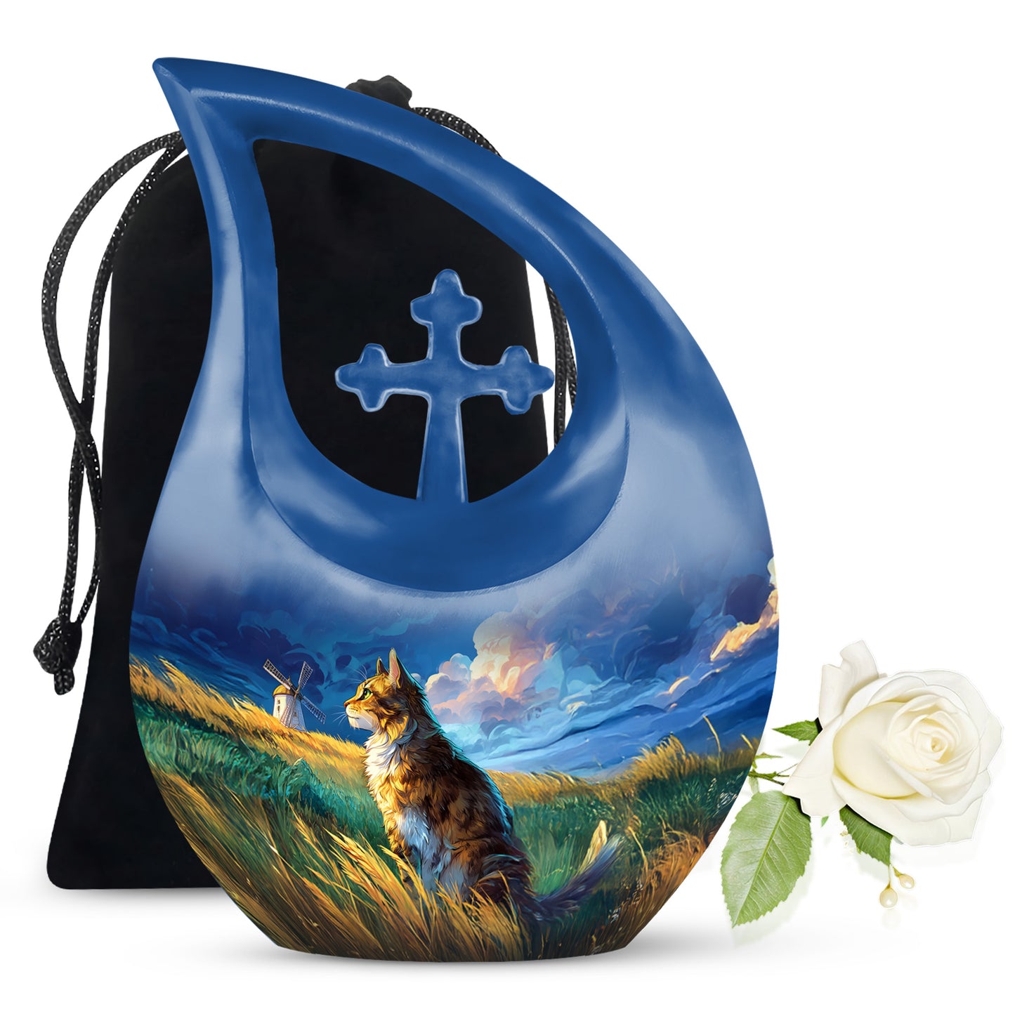 Powder Blue Cat Cremation Urn top-down view of secure threaded lid - cross and cat combined in spiritual memorial design - full-size 10 inch 200 cubic inch adult cremation urn