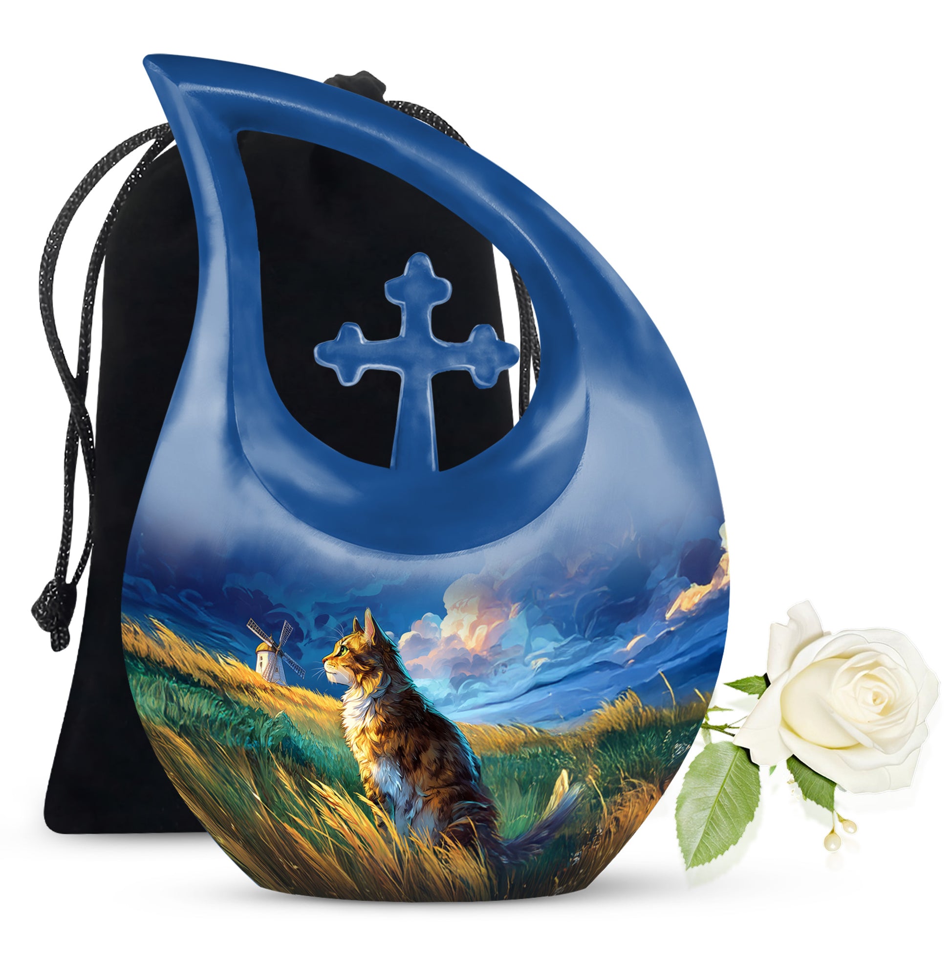 Powder Blue Cat Cremation Urn top-down view of secure threaded lid - cross and cat combined in spiritual memorial design - full-size 10 inch 200 cubic inch adult cremation urn