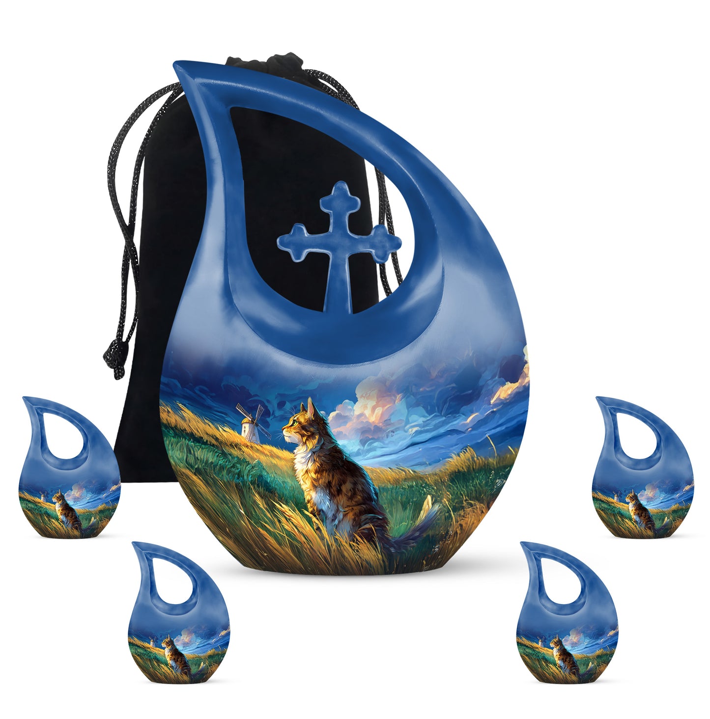 Cobalt Blue Cat Cremation Urn urn with complimentary velvet bag - faith-inspired cross-drop urn with cat pattern - memorial set with one large and four small urns