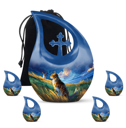 Cobalt Blue Cat Cremation Urn urn with complimentary velvet bag - faith-inspired cross-drop urn with cat pattern - memorial set with one large and four small urns