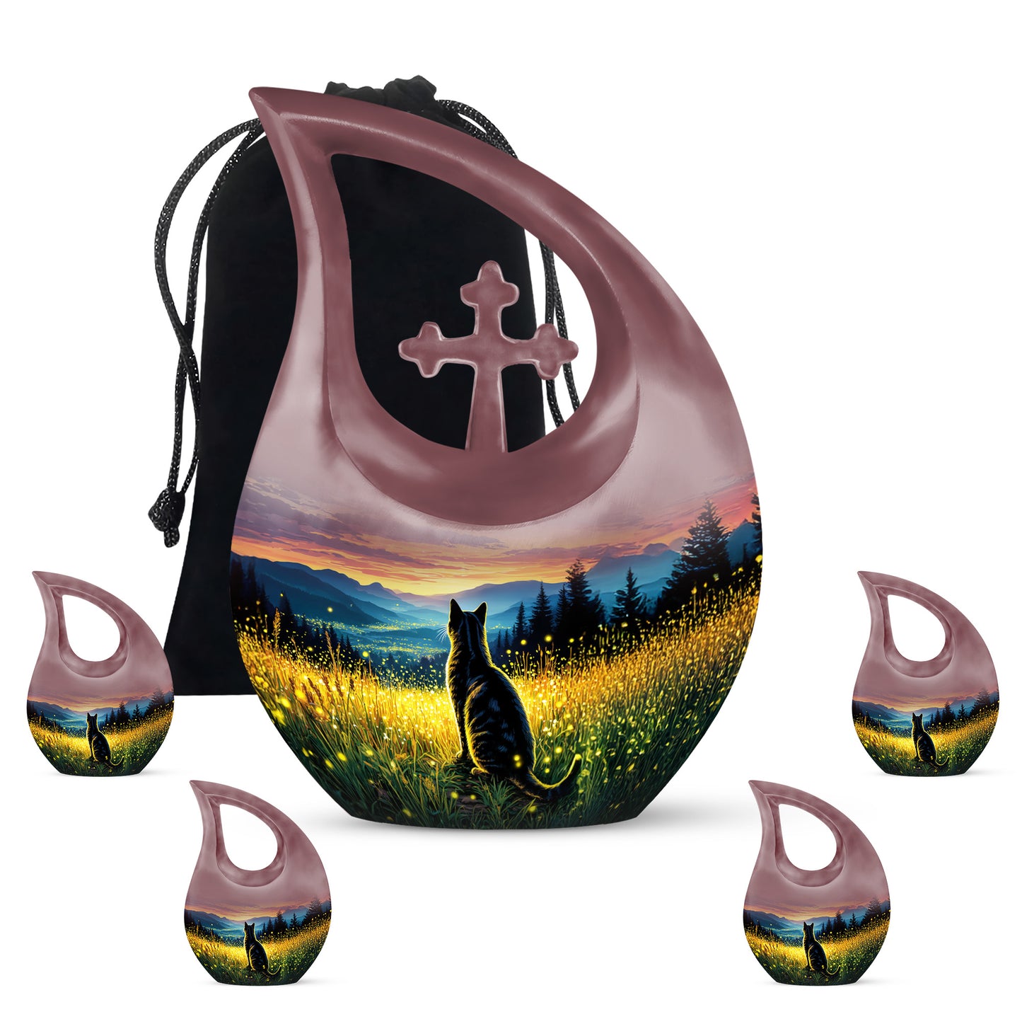 Burnished Gold Cat Cremation Urn urn with complimentary velvet bag - devotional cross-drop cat engraving - memorial set with one large and four small urns