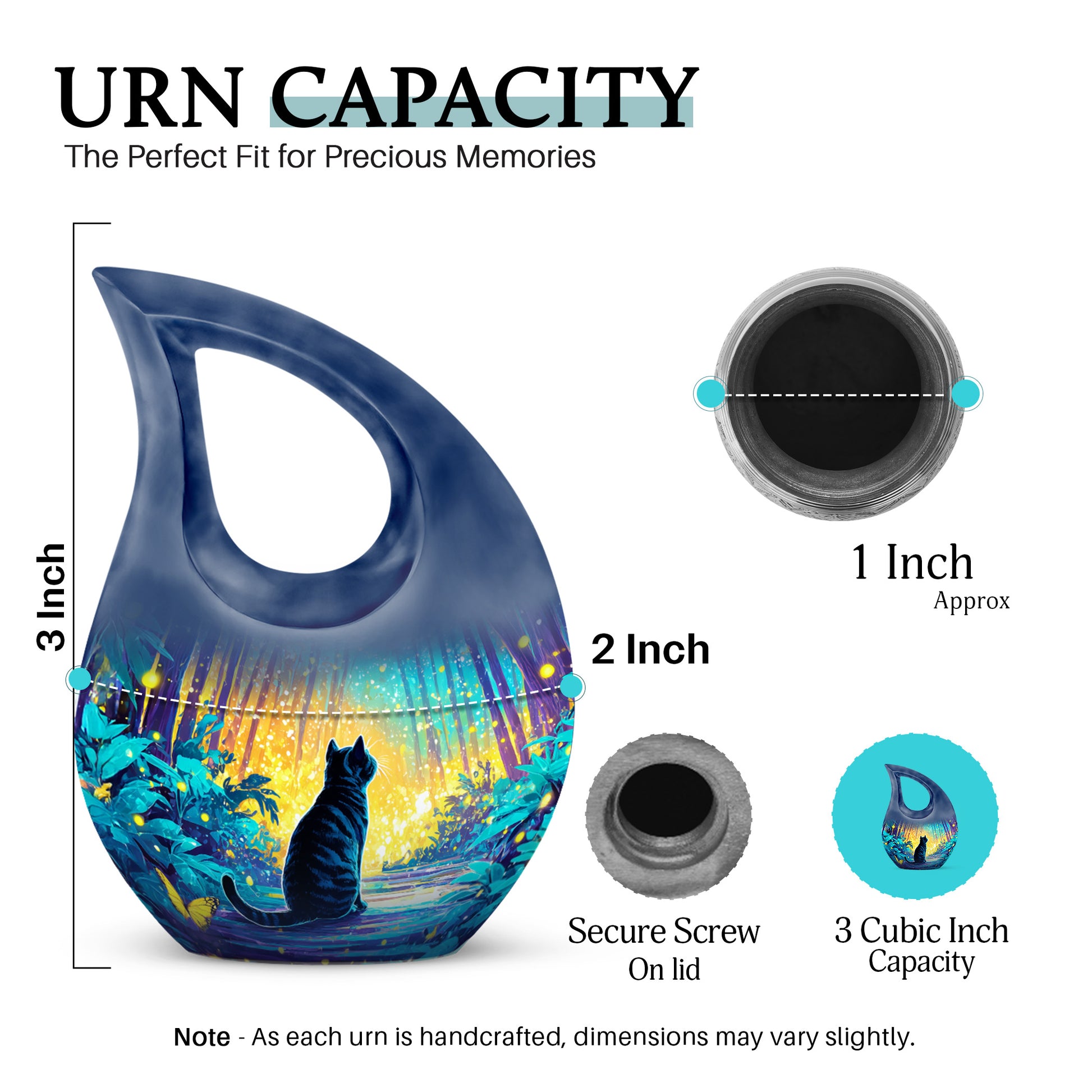 Tropical Teal Cat Cremation Urn back view with polished surface - devotional cross-drop cat engraving - mini keepsake memorial for portion of cremation ashes