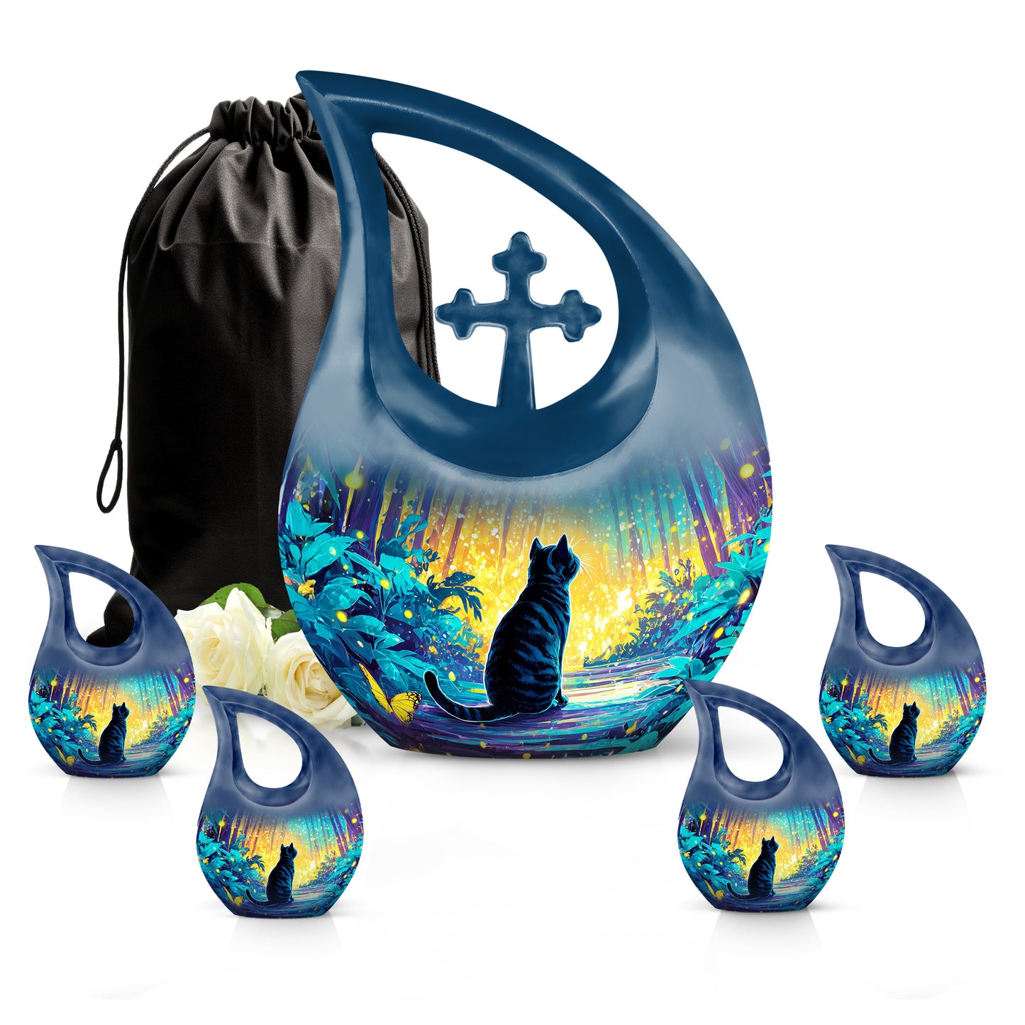 Mystic Teal Cat Cremation Urn urn with complimentary velvet bag - devotional cross-drop cat engraving - memorial set with one large and four small urns