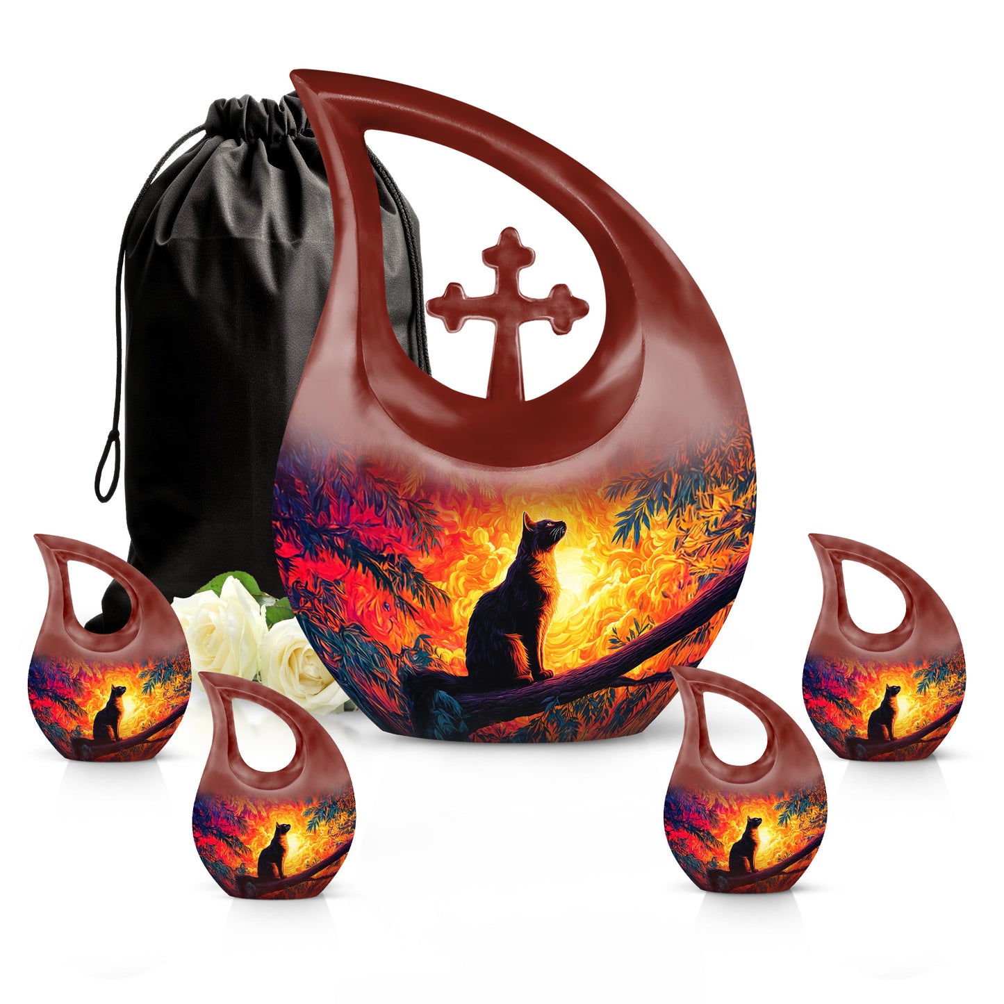 Rich Red Cat Cremation Urn urn with complimentary velvet bag - devotional cross-drop cat engraving - memorial set with one large and four small urns
