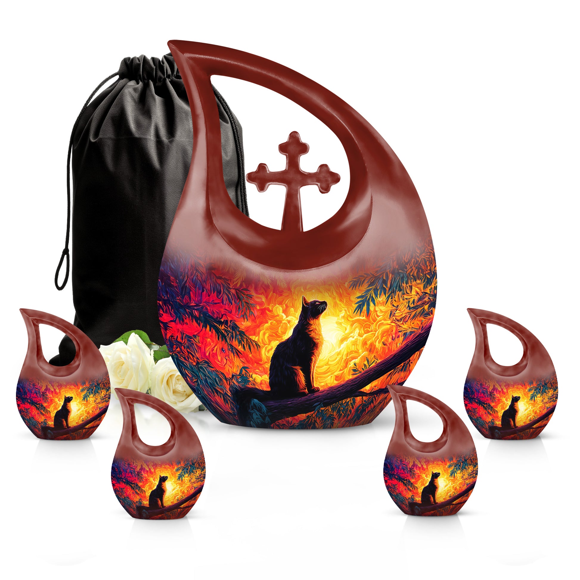 Rich Red Cat Cremation Urn urn with complimentary velvet bag - devotional cross-drop cat engraving - memorial set with one large and four small urns