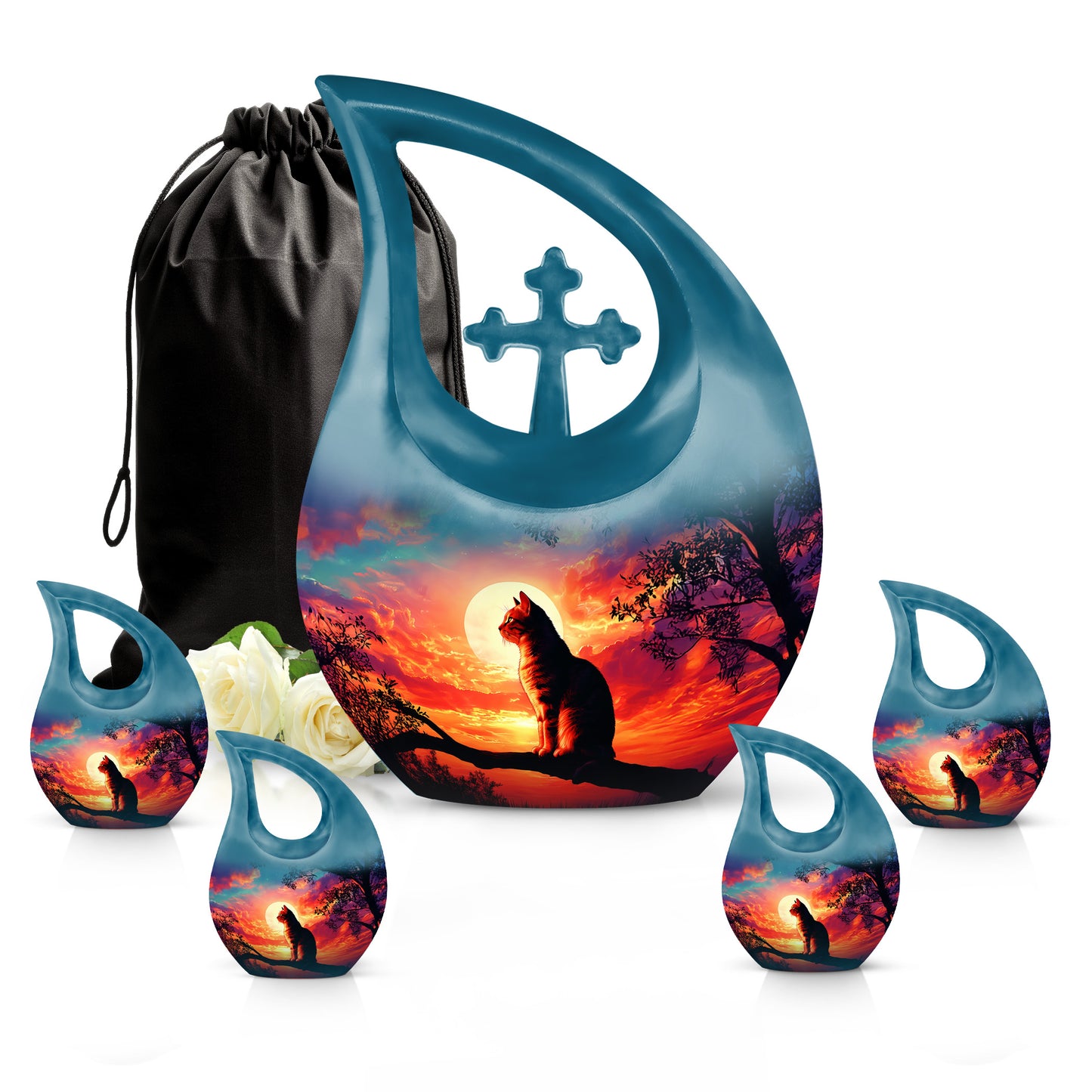 Calming Blue Cat Cremation Urn urn with complimentary velvet bag - devotional cross-drop cat engraving - memorial set with one large and four small urns