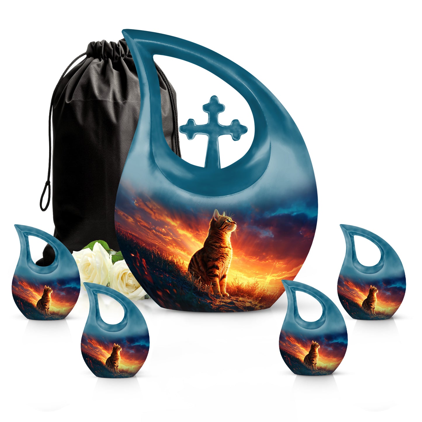 Royal Blue Cat Cremation Urn urn with complimentary velvet bag - faith-inspired cross-drop urn with cat pattern - memorial set with one large and four small urns