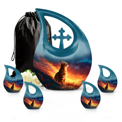 Royal Blue Cat Cremation Urn urn with complimentary velvet bag - faith-inspired cross-drop urn with cat pattern - memorial set with one large and four small urns