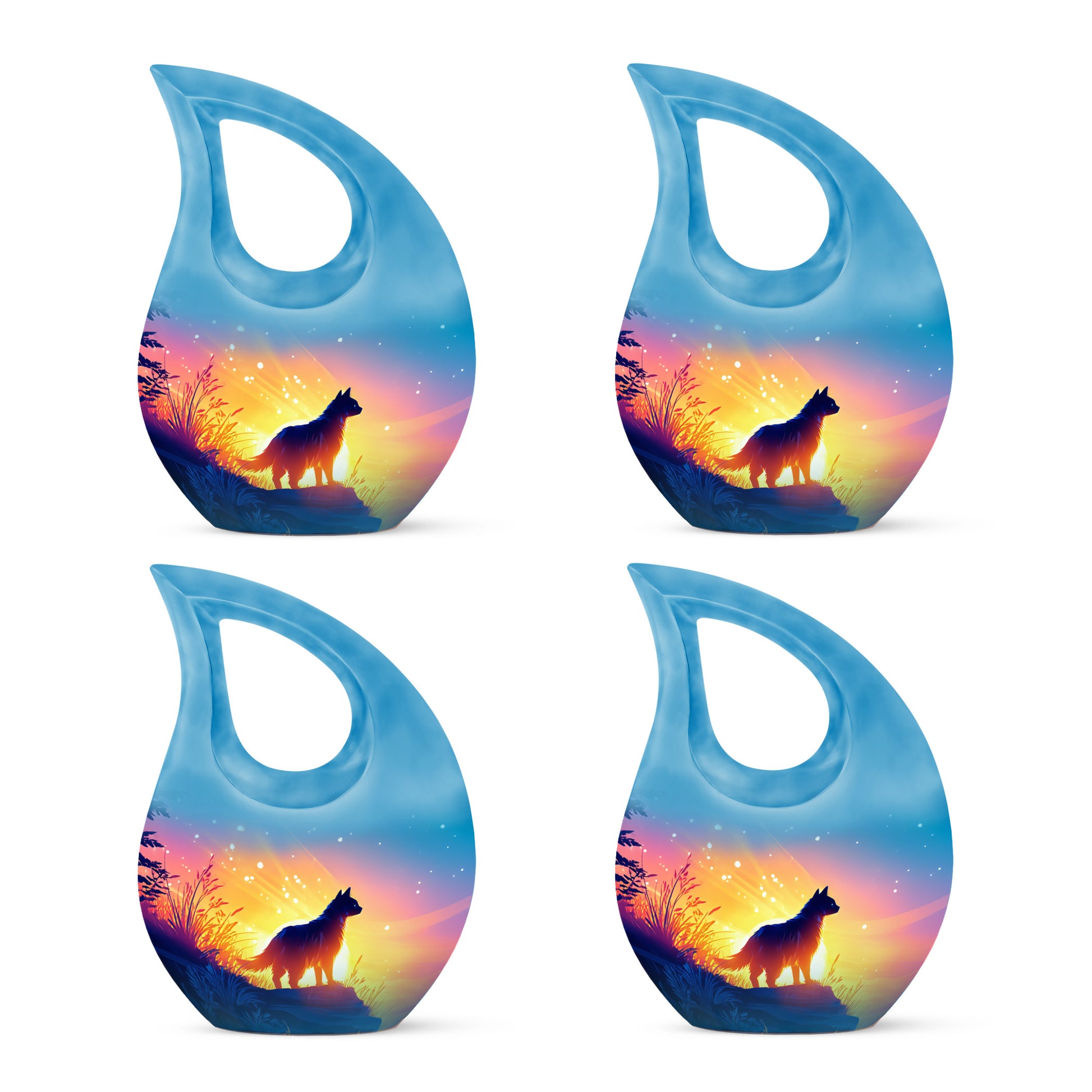 Powder Blue Cat Cremation Urn lifestyle display on memorial shelf - sacred cross merged with cat motif on metal - 10 inch aluminum urn for cremated remains
