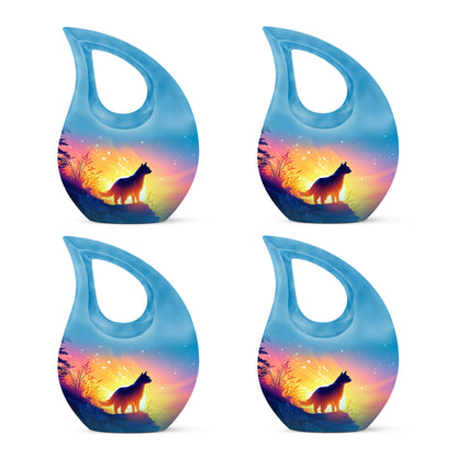 Powder Blue Cat Cremation Urn lifestyle display on memorial shelf - sacred cross merged with cat motif on metal - 10 inch aluminum urn for cremated remains