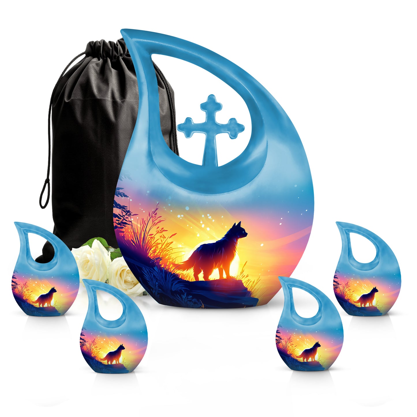 Powder Blue Cat Cremation Urn urn with complimentary velvet bag - cross and cat combined in spiritual memorial design - memorial set with one large and four small urns