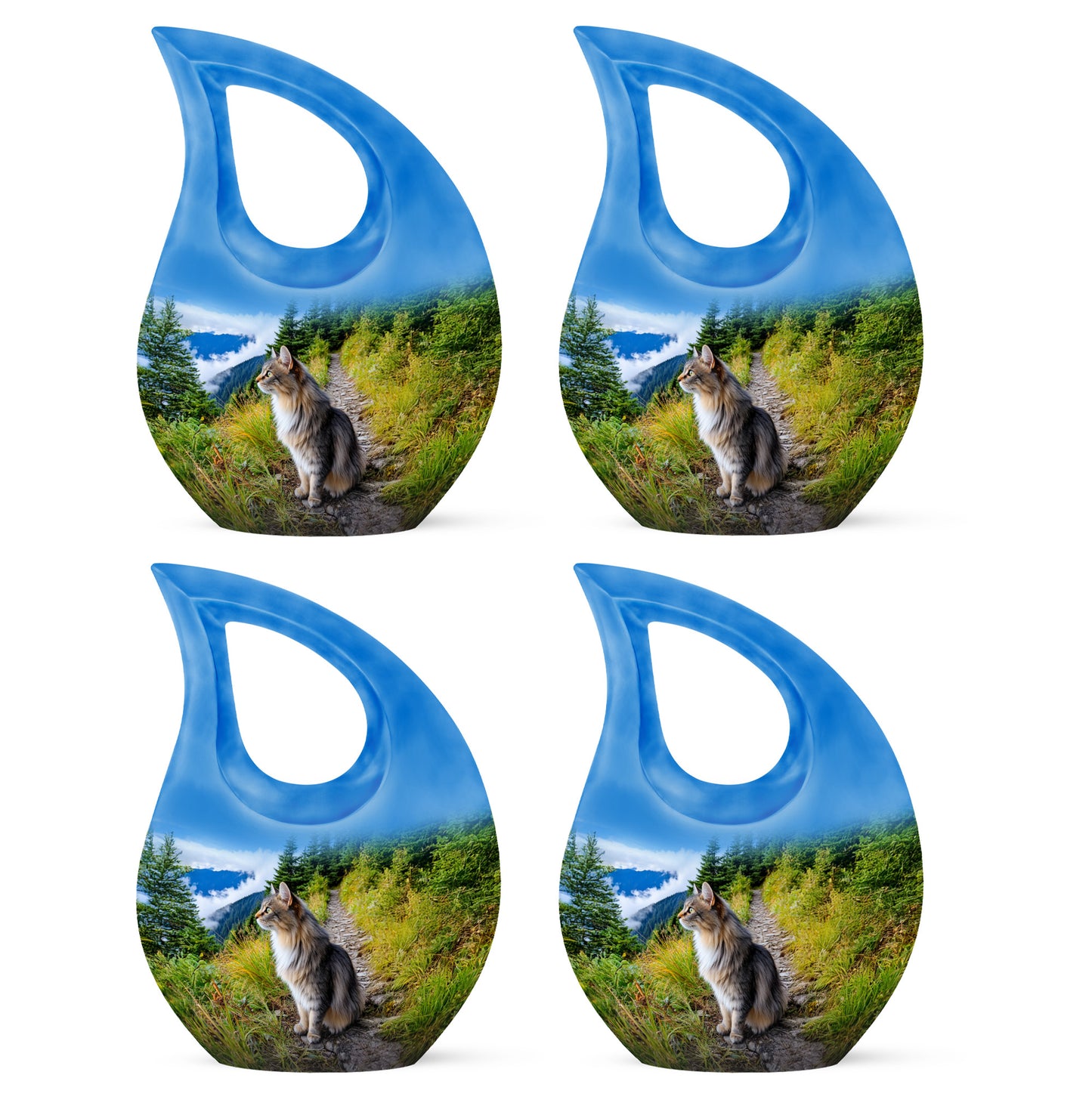 Misty Blue Cat Cremation Urn lifestyle display on memorial shelf - cross and cat combined in spiritual memorial design - 10 inch aluminum urn for cremated remains