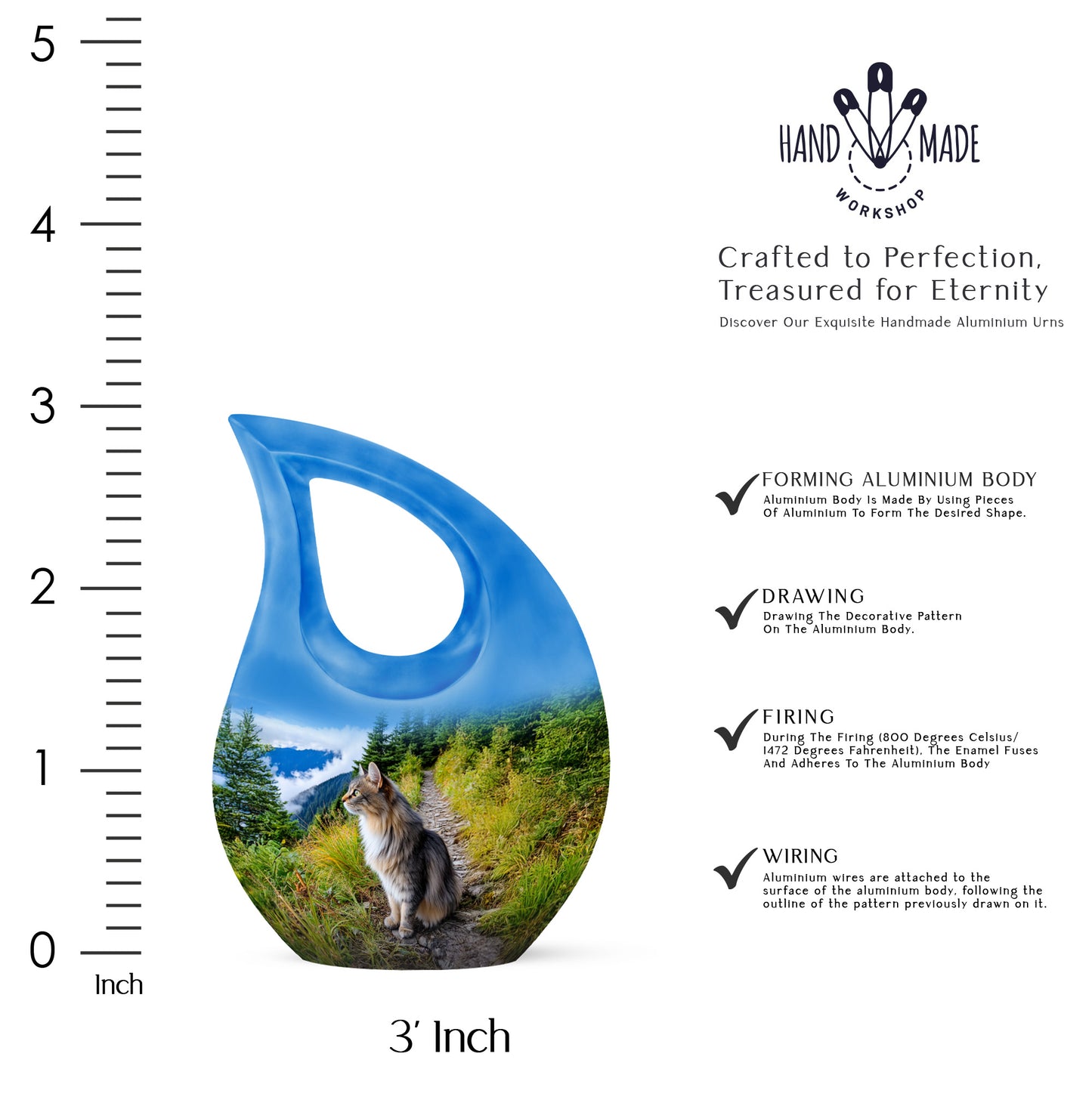 Powder Blue Cat Cremation Urn back view with polished surface - sacred cross merged with cat motif on metal - mini keepsake memorial for portion of cremation ashes