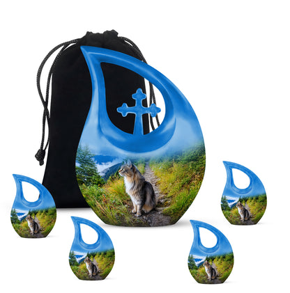 Sapphire Blue Cat Cremation Urn urn with complimentary velvet bag - faith-inspired cross-drop urn with cat pattern - memorial set with one large and four small urns
