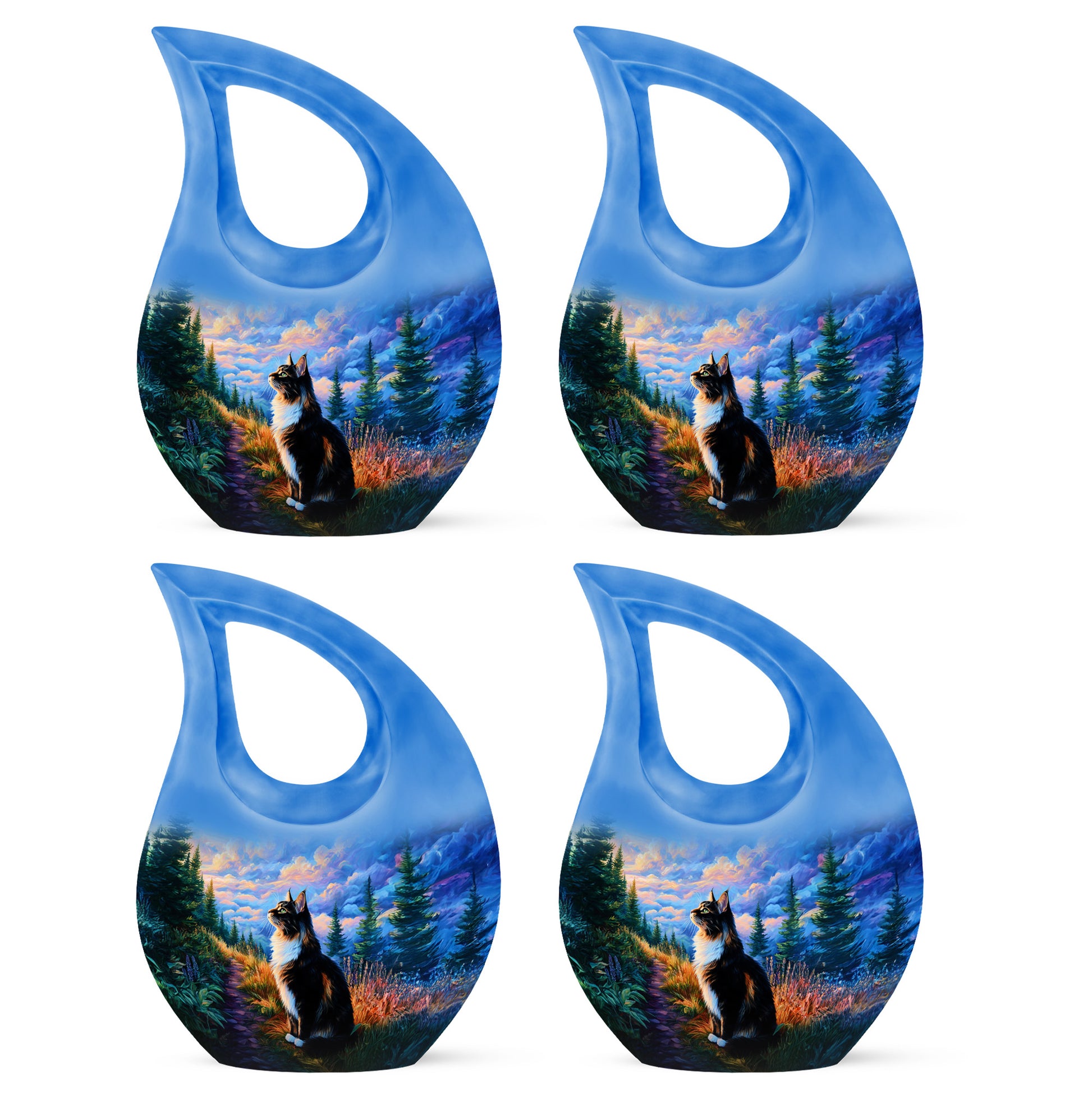 Azure Cat Cremation Urn lifestyle display on memorial shelf - cross and cat combined in spiritual memorial design - 10 inch aluminum urn for cremated remains