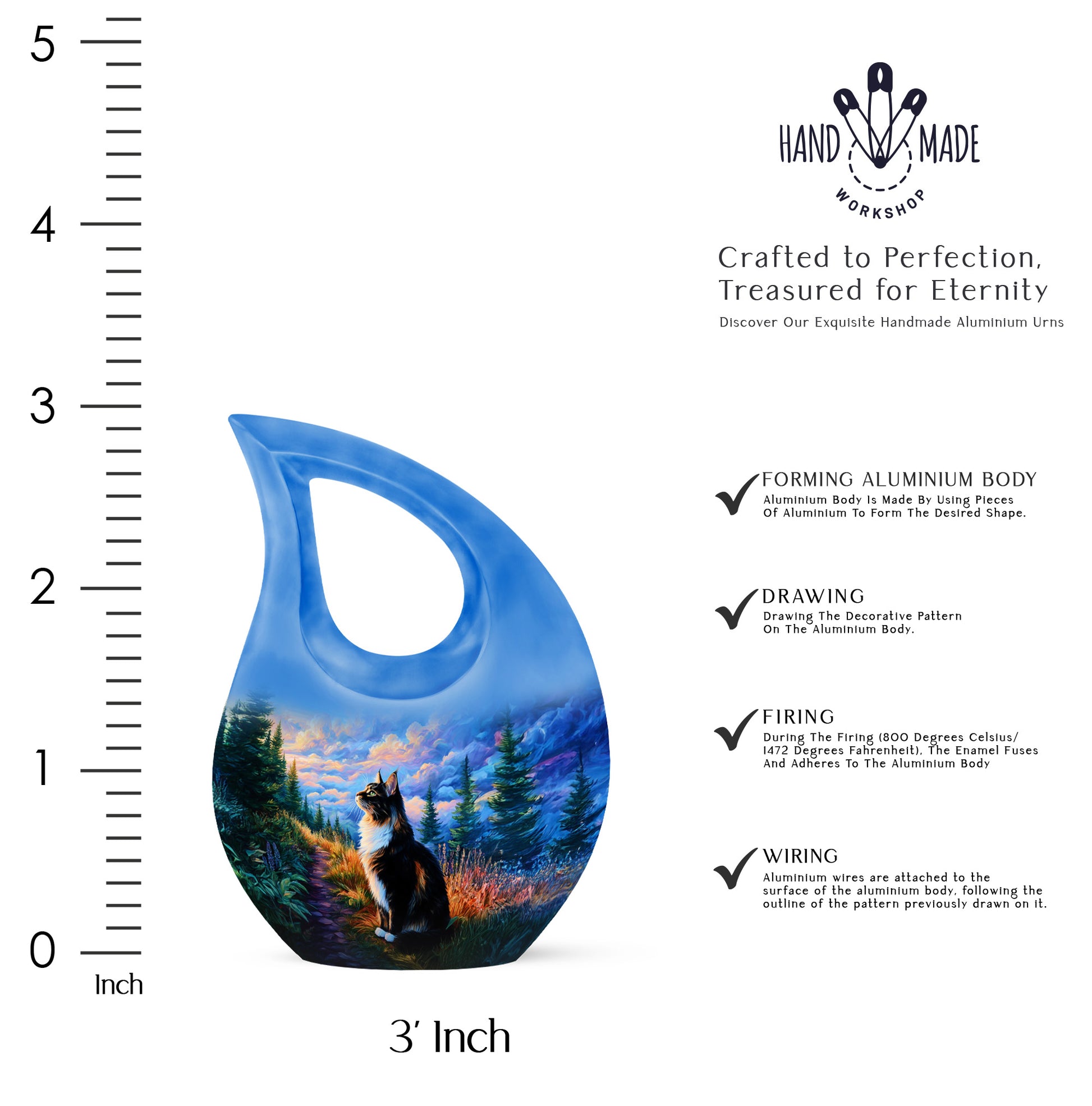 Pastel Blue Cat Cremation Urn back view with polished surface - cross and cat combined in spiritual memorial design - mini keepsake memorial for portion of cremation ashes