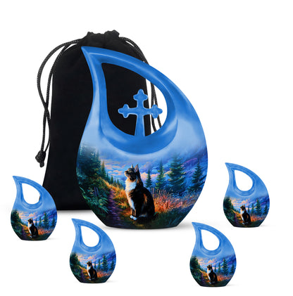 Icy Blue Cat Cremation Urn urn with complimentary velvet bag - cross and cat combined in spiritual memorial design - memorial set with one large and four small urns