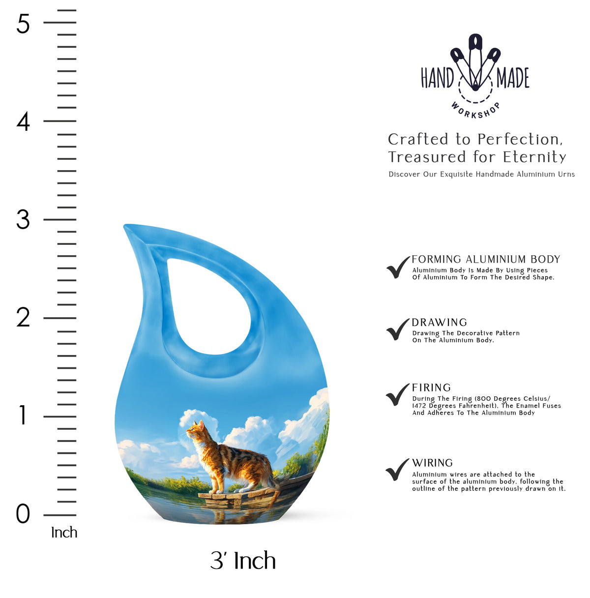 Sapphire Blue Cat Cremation Urn back view with polished surface - devotional cross-drop cat engraving - mini keepsake memorial for portion of cremation ashes