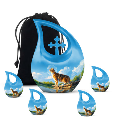 Misty Blue Cat Cremation Urn urn with complimentary velvet bag - cross and cat combined in spiritual memorial design - memorial set with one large and four small urns