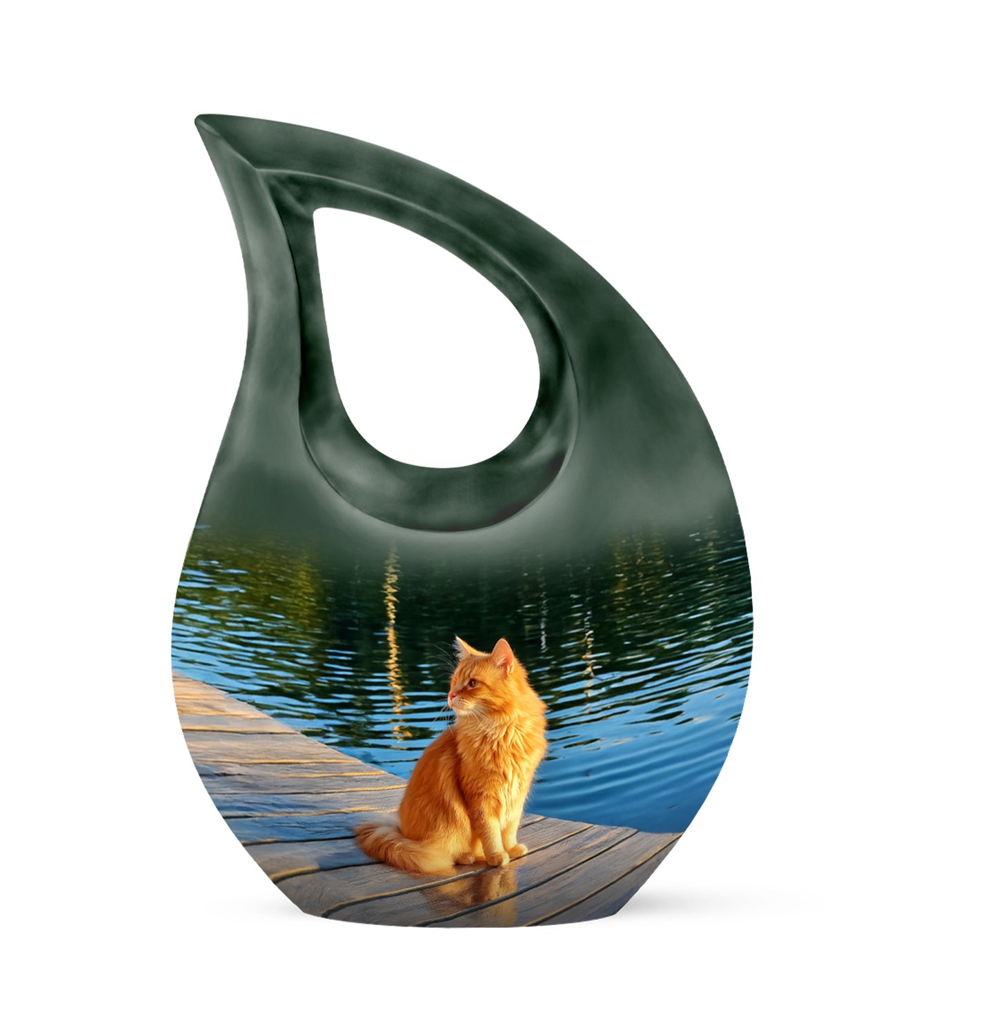 Stunning Green Cat Reflection Urn for Human Ashes - 10-inch, 200 cu in - Yatskia