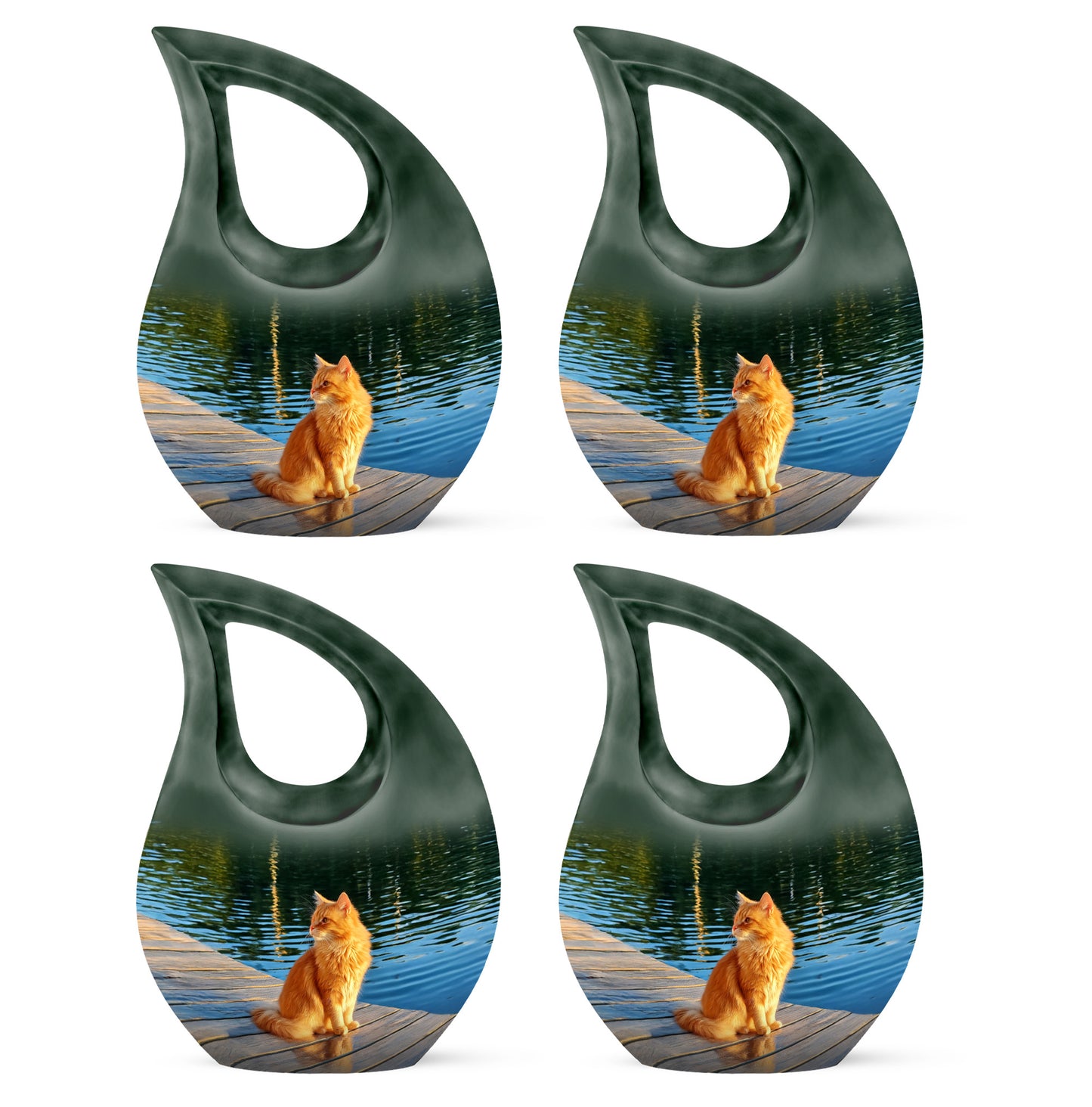 Hunter Green Cat Cremation Urn lifestyle display on memorial shelf - faith-inspired cross-drop urn with cat pattern - 10 inch aluminum urn for cremated remains