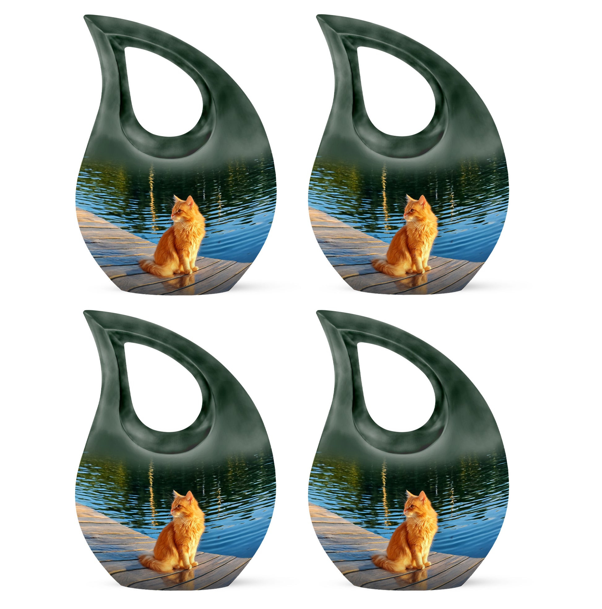Hunter Green Cat Cremation Urn lifestyle display on memorial shelf - faith-inspired cross-drop urn with cat pattern - 10 inch aluminum urn for cremated remains