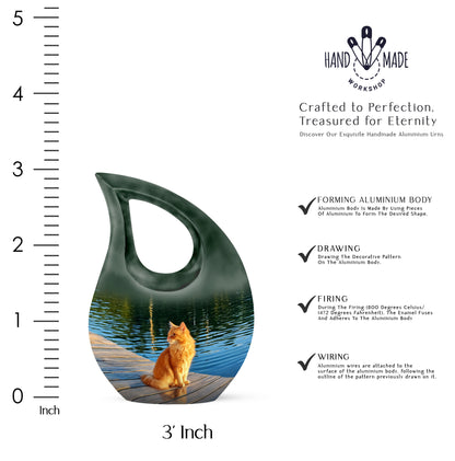 Olive Green Cat Cremation Urn back view with polished surface - faith-inspired cross-drop urn with cat pattern - mini keepsake memorial for portion of cremation ashes