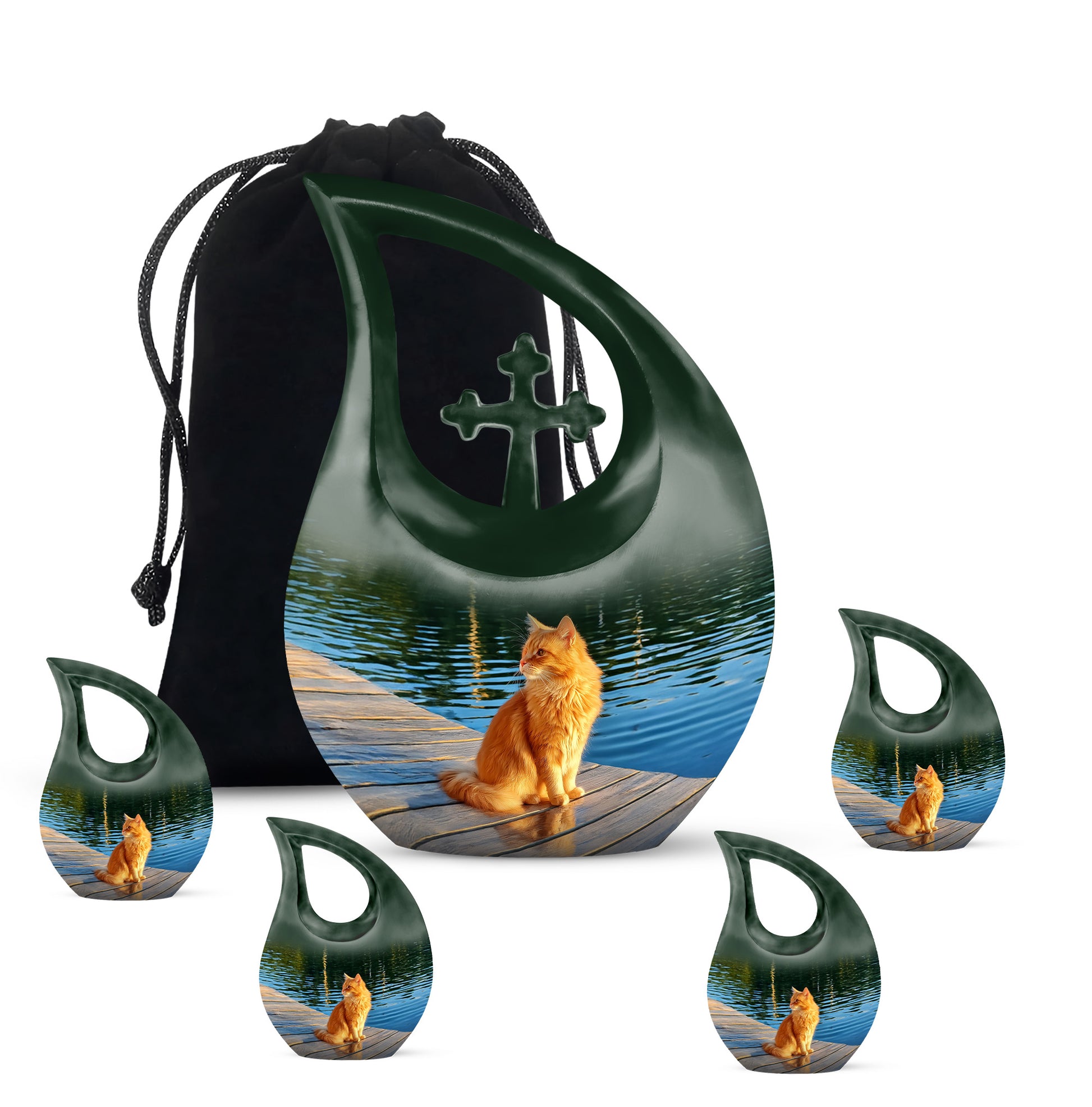 Sage Green Cat Cremation Urn urn with complimentary velvet bag - sacred cross merged with cat motif on metal - memorial set with one large and four small urns