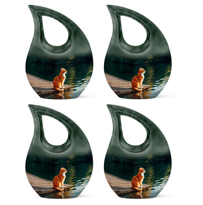 Dark Black Cat Cremation Urn lifestyle display on memorial shelf - devotional cross-drop cat engraving - 10 inch aluminum urn for cremated remains