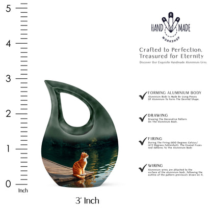 Onyx Black Cat Cremation Urn back view with polished surface - faith-inspired cross-drop urn with cat pattern - mini keepsake memorial for portion of cremation ashes