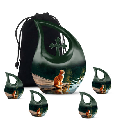 Jet Black Cat Cremation Urn urn with complimentary velvet bag - sacred cross merged with cat motif on metal - memorial set with one large and four small urns